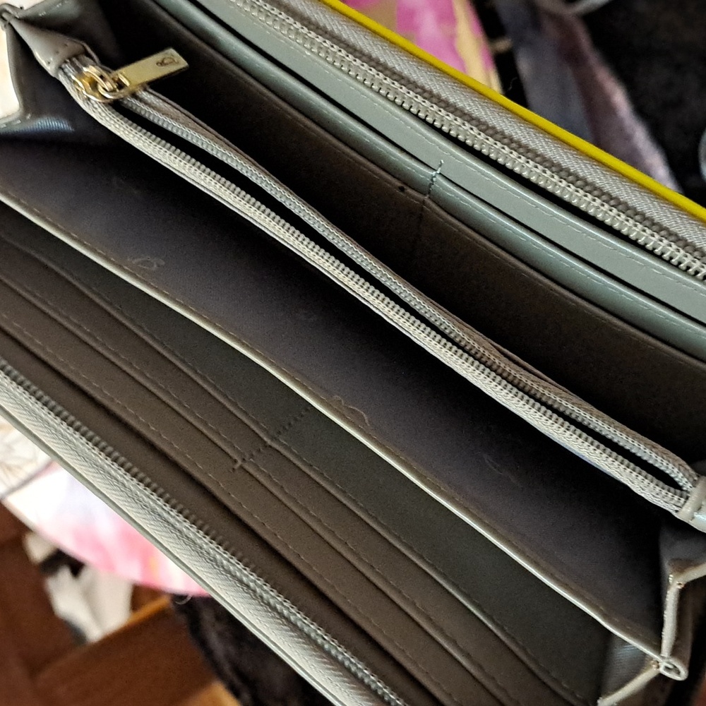 Carpisa Wallet. New Without Tags. Neon Yellow Patent Trim. Body Tan/White Weave. - Picture 3 of 6